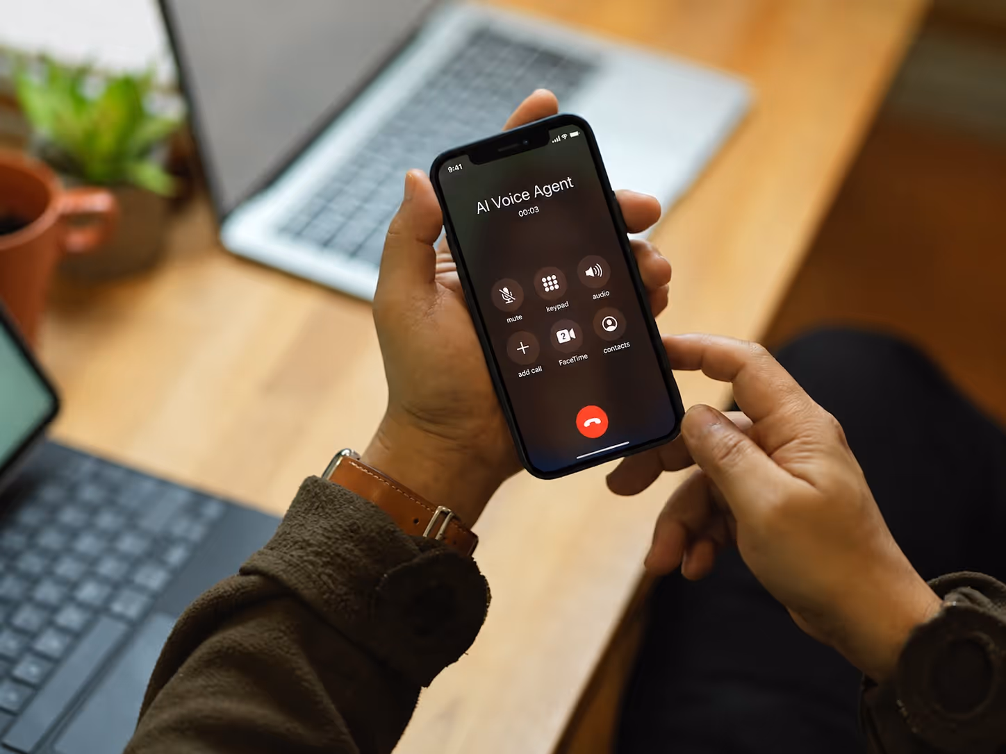 A smartphone on a live AI voice agent call